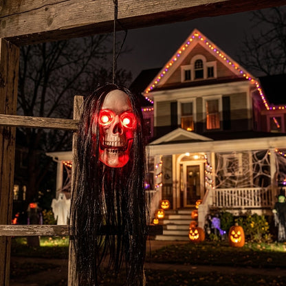 SkullGaze hanging in front of a Halloween house