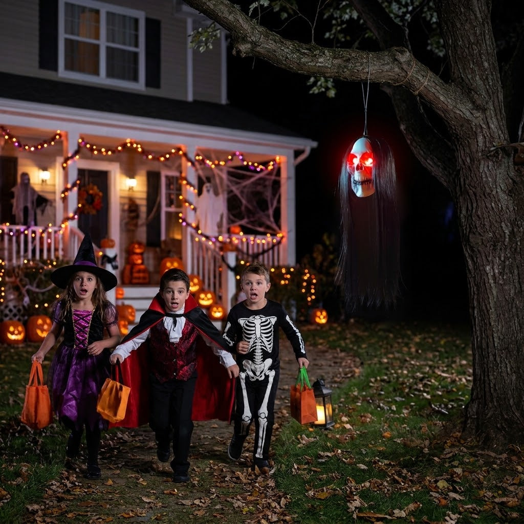 Kids running away from the SkullGaze glowing skull on Halloween night